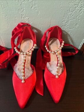 Red Satin Pointed-Toe Heels with Pearl T-Strap and Ankle Ribbon